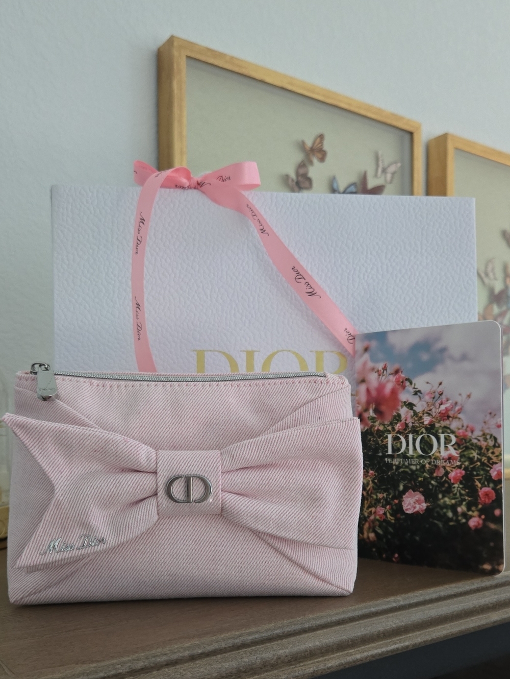 New MISS DIOR Bow Pouch Bag Dior Pink Bow Ziper Pouch CD silver Logo Dior Bow